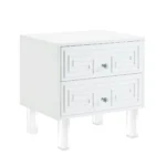 Clear acrylic end table with two drawers and white lacquered top in living room setting