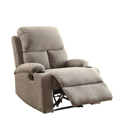 Blue linen recliner sectional sofa with memory foam seat and built-in cup holders in a modern living room