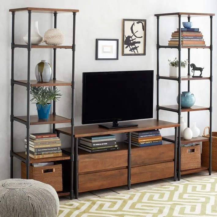 H2c8712dca91f4be28bb12cef37b979b9Z.webp Mid century tv stand with solid wood construction and storage shelves in a modern living room