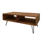 Goldoma 23-inch industrial coffee table with storage shelf, brown wood top and black metal frame in a living room