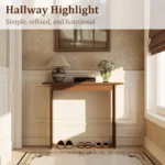 Goldoma solid wood walnut console table – slim mid-century entryway table with rubberwood in a modern living room setting.