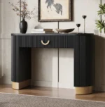 Goldoma solid wood console table with open shelves in a modern entryway