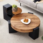 Modern Simple Double-Layer Coffee Table-Decorative Transparent Brown Wood Top Black MDF L-Shaped Legs Living Room Furniture