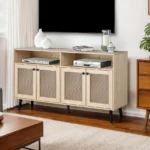 Goldoma mid-century TV stand for 60-64 inch TVs with natural wood finish, tapered legs, and adjustable storage shelves