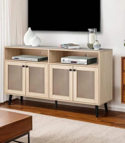 Goldoma mid-century TV stand for 60-64 inch TVs with natural wood finish, tapered legs, and adjustable storage shelves