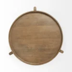 Round glass top side table with brown metal frame in farmhouse style