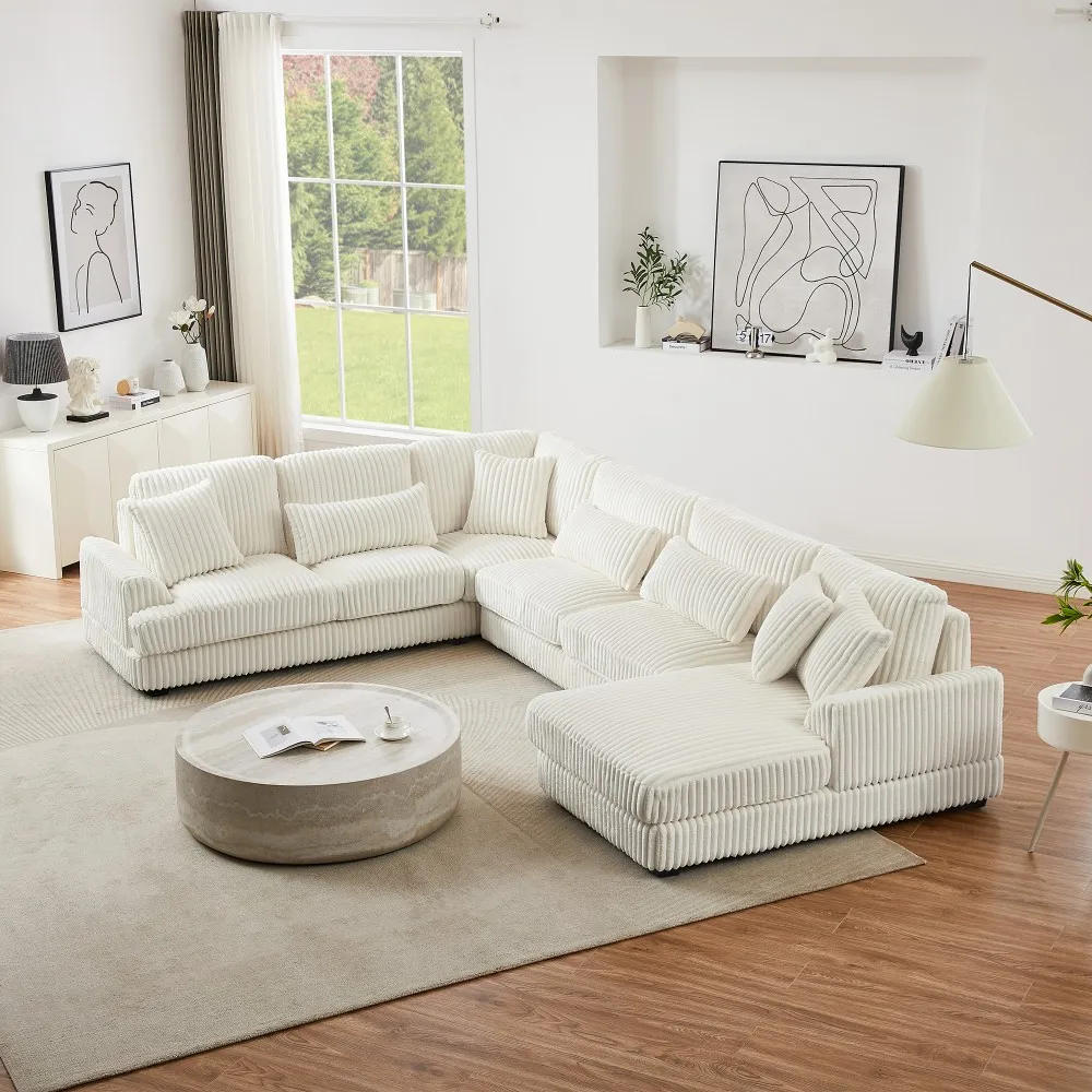 H2e1d9bbd6aff49d2b4a69e9a82898ec16.webp Goldoma modular U-shaped sectional sofa with chaise lounge and sofa bed in soft corduroy fabric