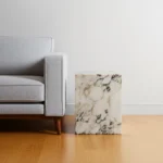 Goldoma 20-inch ivory marble square block end table with natural veining and wood base
