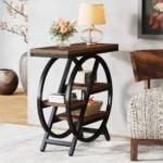 Narrow side table with three tiers of storage, industrial metal and MDF design by Goldoma for small spaces