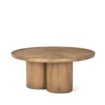 Goldoma 39-inch natural solid wood round pedestal coffee table with mango oak and scalloped base in living room