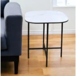Goldoma 22-inch ceramic end table with white glossy top and black metal base, square shape, perfect for modern living room decor
