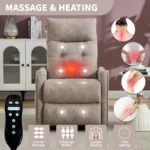 Goldoma khaki chenille power lift recliner with massage and heat, showing the chair in upright position with soft fabric and side USB port