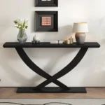 Goldoma Modern Rustic Console Table with cross-leg design in oak finish - solid wood and MDF rustic console table for entryway or living room