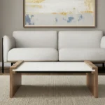 Goldoma 48-inch marble coffee table with natural wood sled base in living room