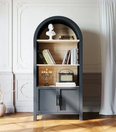 Goldoma tall bookcase with cabinet - mid-century modern 3-tier arched bookcase in solid wood and MDF