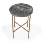 Goldoma 23-inch round end table with brass base and gray marble top in living room