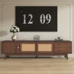Goldoma adjustable TV stand for 80 inch TV with sliding doors and drawers in modern mid-century wood design
