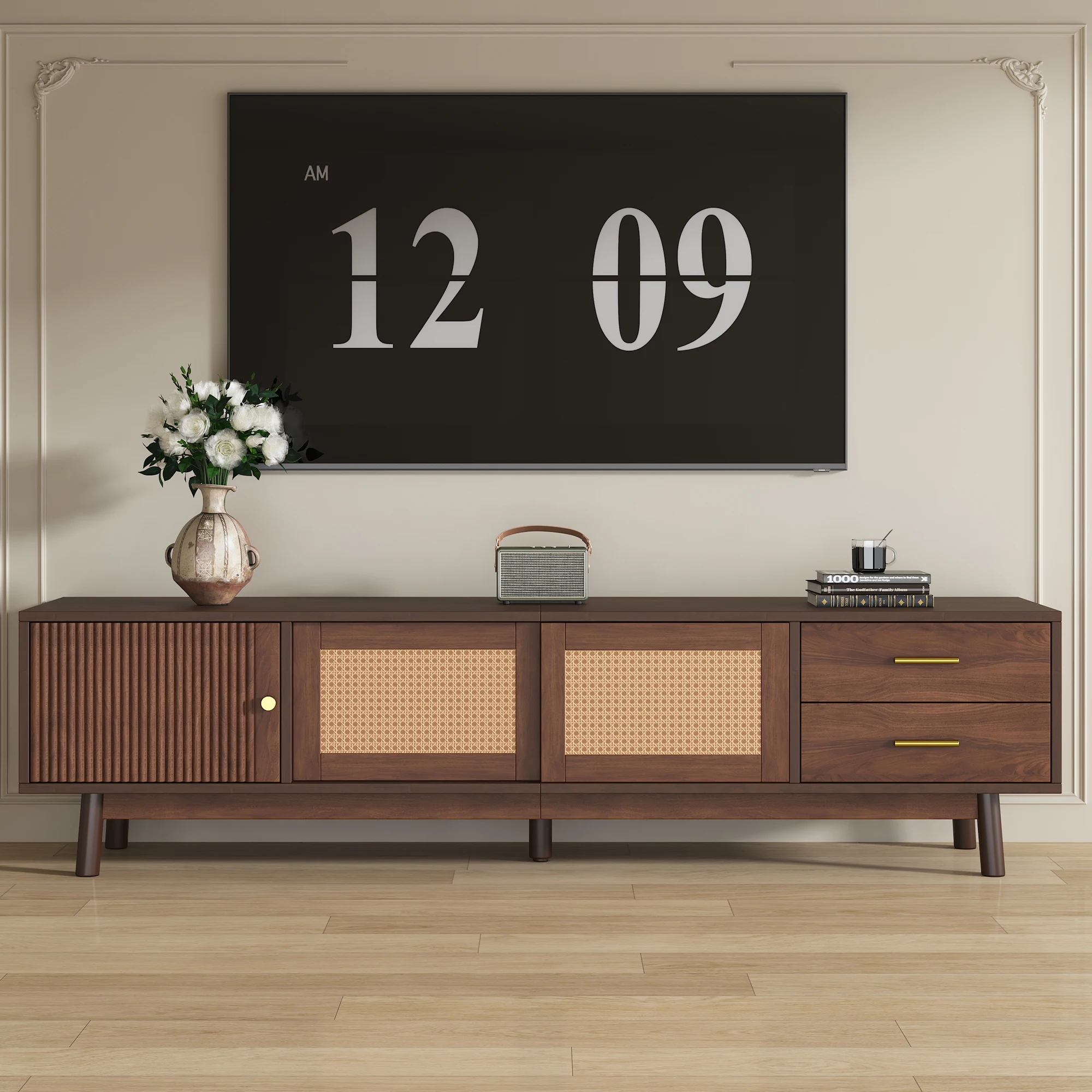 H2f259834cd804578bd1b089ef0a1d363V.webp Goldoma adjustable TV stand for 80 inch TV with sliding doors and drawers in modern mid-century wood design