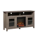 Goldoma 58-inch tall TV stand with fireplace in driftwood finish holding a TV, showcasing rustic design and electric LED flames