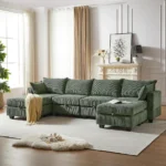 Goldoma modular corduroy U-shaped sofa bed with memory foam and wood legs in beige