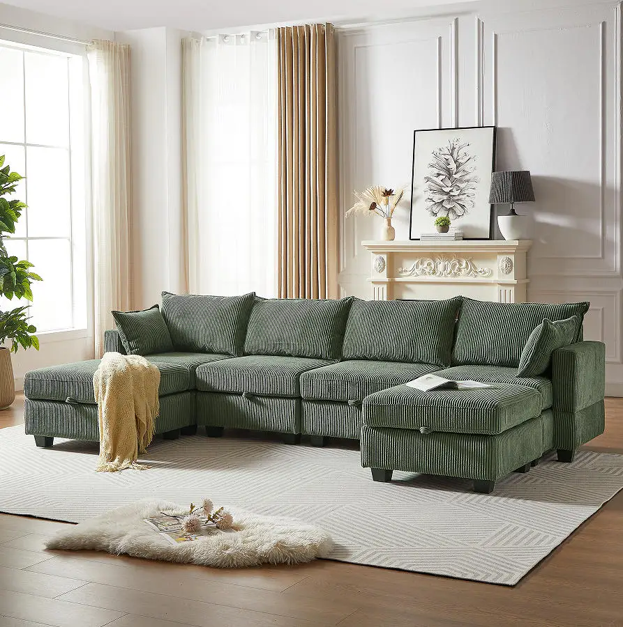 Goldoma Modern Corduroy U-Shaped Modular Sofa Bed with Memory Foam and Wood Legs
