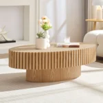 Goldoma modern oval coffee table with sturdy pedestal base in living room