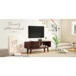 Goldoma mid-century TV stand for TVs up to 59 inches with sliding storage cabinet in walnut and black finish