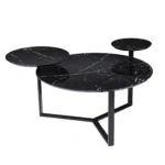 Goldoma 43 inch faux marble round coffee table with black iron base in a modern living room