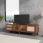 Goldoma 70.8 inch brown large media console with rattan drawers and cable management for TVs up to 80 inches
