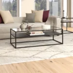 Goldoma 54-inch black glass coffee table with shelf in a modern farmhouse living room setting