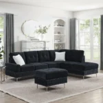 Goldoma L-shape sectional sofa with tufted chenille fabric, storage ottoman, and chrome legs in a modern living room