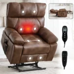 Goldoma brown faux leather power lift recliner with heat and massage, dual motor, and hidden cup holders