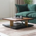 Goldoma modern coffee table in stainless steel and wood with square top and oval side shelf for living room
