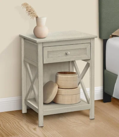 Antique white end table with drawer and shelf in coastal style - Goldoma Key West