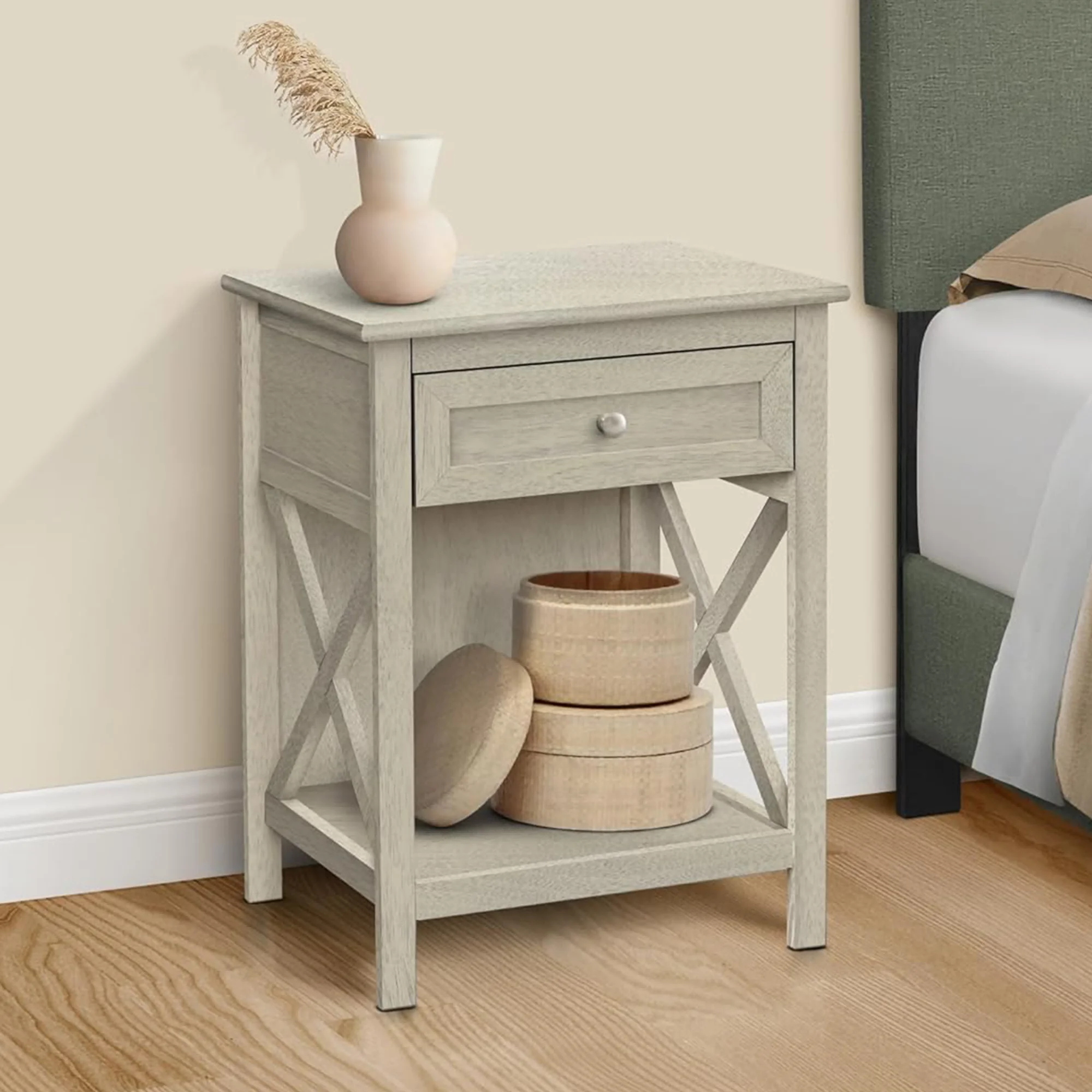 H30f2eb6a1ce44bb8acaac727fa4aacf7H.webp Antique white end table with drawer and shelf in coastal style - Goldoma Key West
