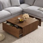 Goldoma Nordic square wooden coffee table with 4 drawers in a modern living room setting