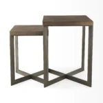 Goldoma brown solid wood square end table in living room with lamp and decor