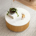 Goldoma white marble round coffee table with storage shelf in modern living room