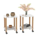 White oak end table set with two-tier design and wheels, modern living room furniture by Goldoma