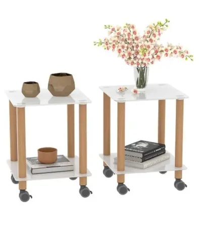 White oak end table set with two-tier design and wheels, modern living room furniture by Goldoma