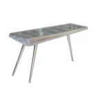 Goldoma 56-inch silver aluminum console table with three wood legs in a modern living room