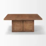 Double pedestal coffee table with brown solid wood top and natural wicker rattan base, square shape 42 inches, modern tropical design for living room