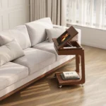 US Stock Wooden C-Shaped Adjustable End Table Small Rolling Side Table 2 Lockable Wheels 23.6" Width for Living Room BJ003