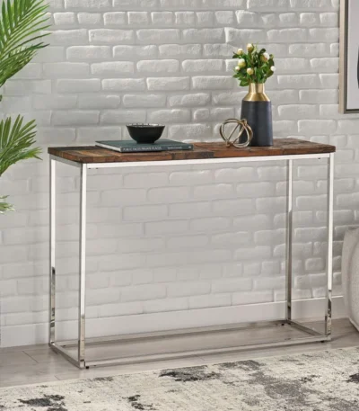 Goldoma boho console table with recycled wood top and mirrored accents in entryway
