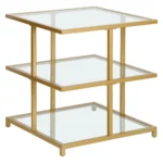 Goldoma brass and glass end table with two shelves, clear glass top, and brass steel base for living room