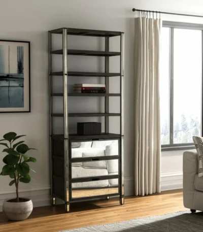 Goldoma 32 inch dark brown solid wood bookcase with mirrored glass back and three drawers