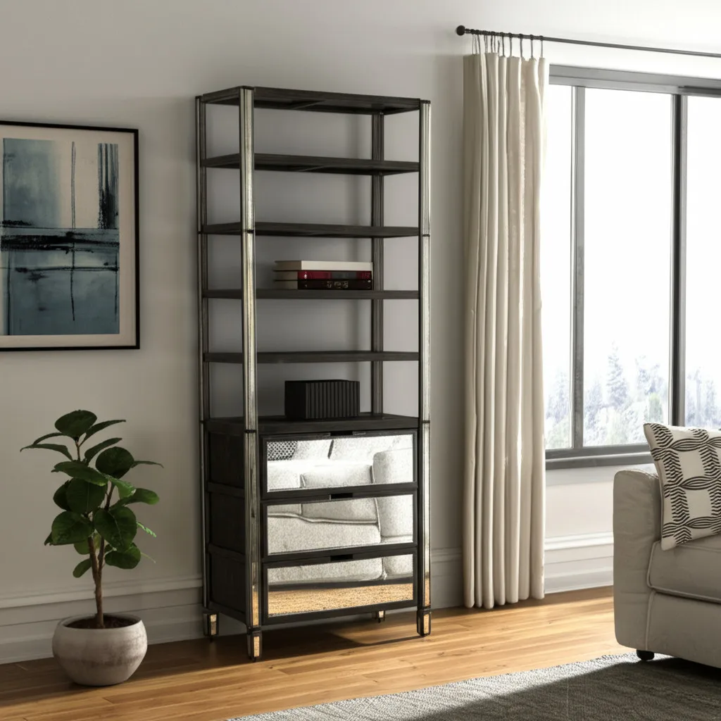 H32e726fb2df9461299a593a396c798c5b.webp Goldoma 32-inch dark brown solid wood bookcase with mirrored glass and three drawers