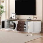 Mid-century modern TV stand for 65-inch TVs with three drawers and shelves in natural oak finish
