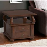 Goldoma 26 inch solid wood square end table with two drawers and shelf in brown finish