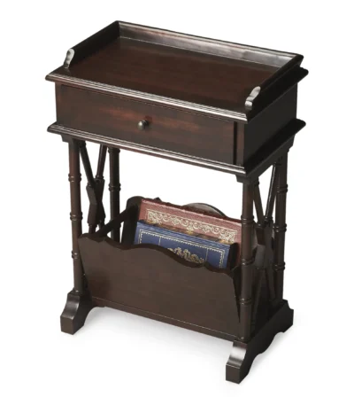 Rustic end table: small black wood side table with drawer and shelf